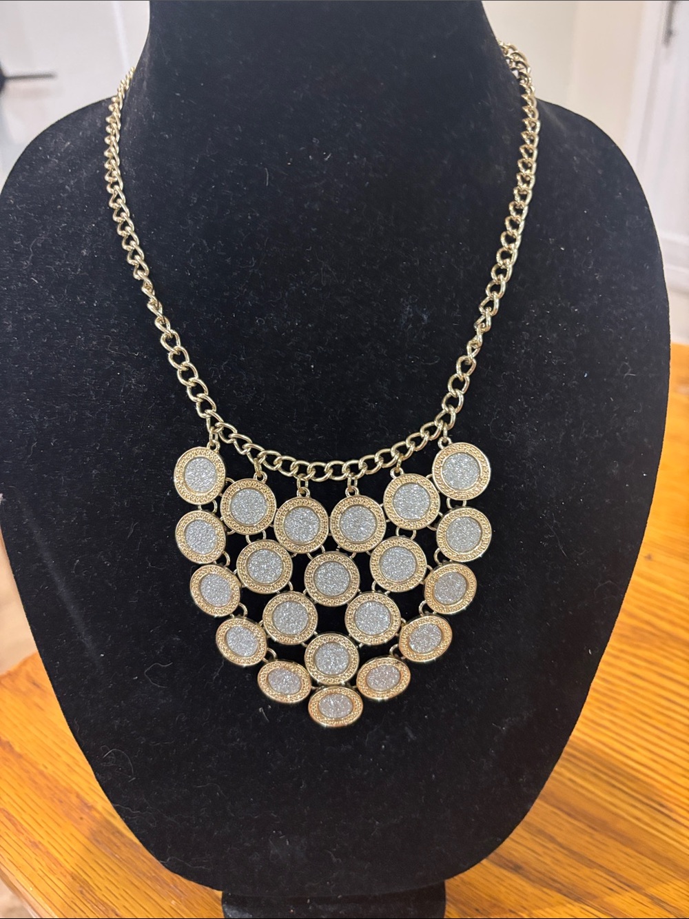 Gold-Tone Multidisc Statement Necklace with Silver Glitter Discs